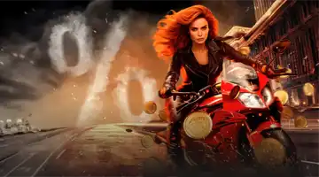 Promotional banner for cashback by 1Go Casino, featuring a woman on a motorcycle in a dynamic pose with gold coins in the background.