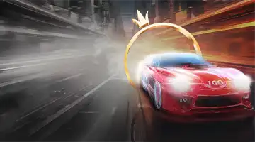 Red sports car on a city road adorned with the 1Go Casino logo and surrounded by a golden ring.