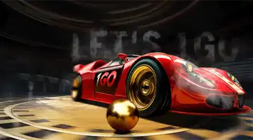 Red retro car with the 1Go Casino logo in a classic race setting, complemented by a golden ball.