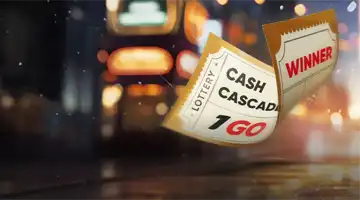 Lottery ticket with the text Cash Cascade and Winner from 1Go Casino, highlighted by city lights in the background.