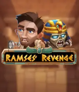 Explore the ancient world of the Ramses' Revenge game by Relax Gaming, featuring a frightened explorer and a fierce mummy set against an Egyptian tomb backdrop. This graphic depicts the drama of tomb exploration, great for adventure seekers, delivering a thrilling adventure. 